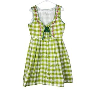 Green Gingham Dirndl Dress L Milkmaid Floral Oktoberfest Bavarian Corset Cottage